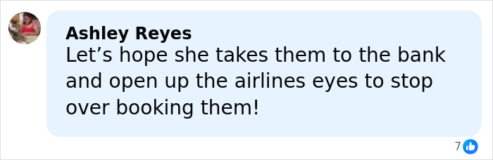 Comment from Ashley Reyes expressing hope that Brenda Song stops airlines from overbooking flights during nightmare travel experience. Comment from Ashley Reyes expressing hope that Brenda Song stops airlines from overbooking flights during nightmare travel experience.