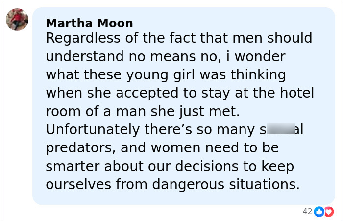 Comment from Martha Moon discussing dangers women face from predators and the importance of smart decisions for safety.