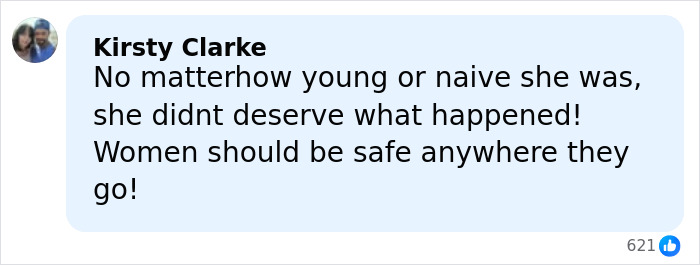Comment by Kirsty Clarke expressing that the model with horrific injuries on Dubai roadside deserves safety and support.