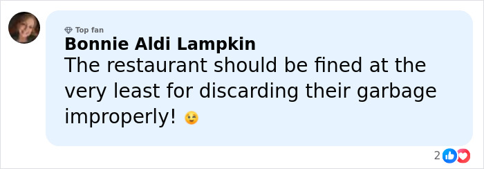 Facebook comment by Bonnie Aldi Lampkin criticizing a restaurant for improperly discarding garbage related to Nancy Guthrie gloves mystery.