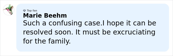 Comment by Marie Beehm expressing hope for resolution in the long-standing mystery of gloves in Nancy Guthrie case.