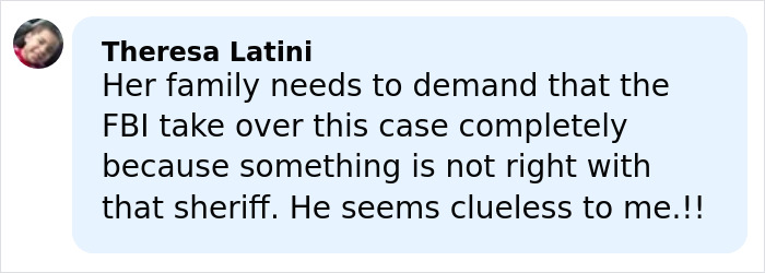 Comment by Theresa Latini discussing concerns about the sheriff's role in the Nancy Guthrie gloves mystery case.
