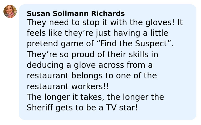 Comment from Susan Sollmann Richards discussing the mystery of gloves in the Nancy Guthrie case investigation.