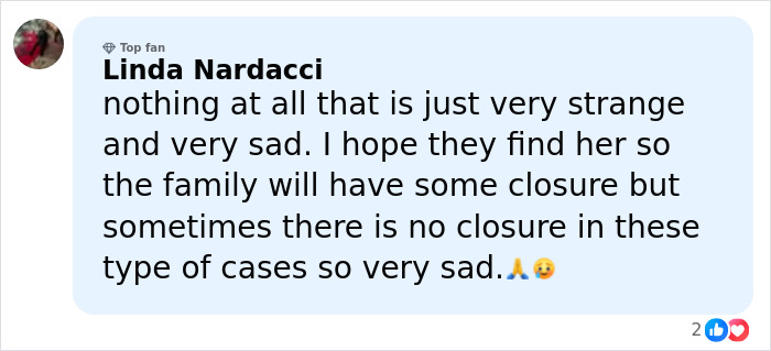 Comment by Linda Nardacci expressing sadness about the Nancy Guthrie case and hope for closure on the mystery of gloves.