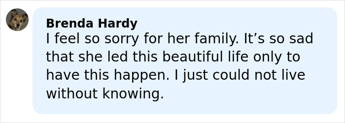 Comment from Brenda Hardy expressing sorrow for the Nancy Guthrie case and the long-standing mystery of gloves involved.
