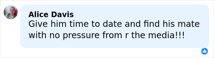 User comment by Alice Davis expressing support for Robert Irwin to date without media pressure.