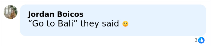 Screenshot of a social media comment referencing a trip to Bali with a concerned emoji reaction.