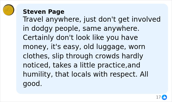 Comment from Steven Page advising caution traveling in Bali, mentioning dodgy people and avoiding showing wealth.