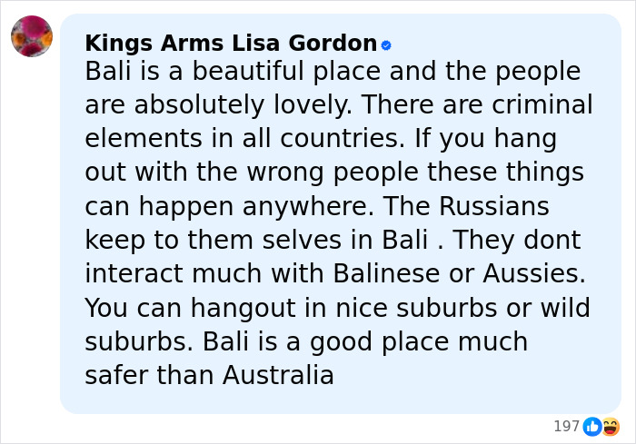 Comment discussing Bali's safety and criminal elements in relation to horrifying discovery in Bali ransom case.