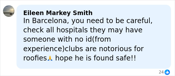 Screenshot of social media comment warning about safety in Barcelona amid suspicious footage in mysterious vanishing of American student.