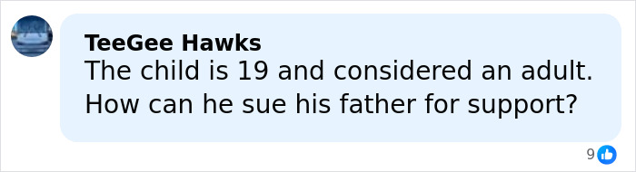Comment by TeeGee Hawks questioning how a 19-year-old child can sue his father for support in a social media post.
