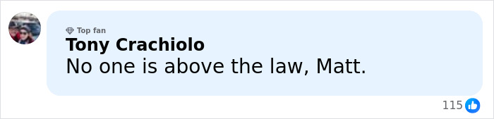Comment from Tony Crachiolo stating No one is above the law referencing arrest warrant issued for former governor of Kentucky.