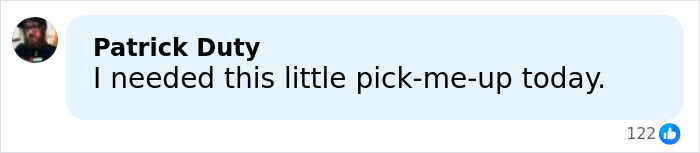 Screenshot of a social media comment by Patrick Duty expressing he needed a pick-me-up today, related to arrest warrant issued.