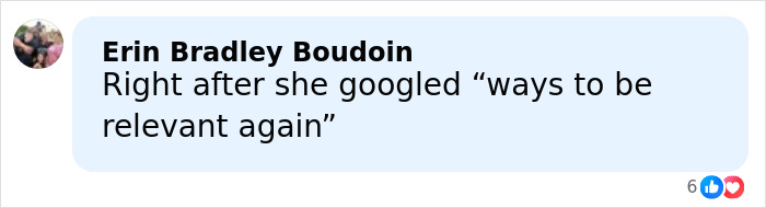 Comment by Erin Bradley Boudoin on social media, humorously referencing relevance and trending topics.