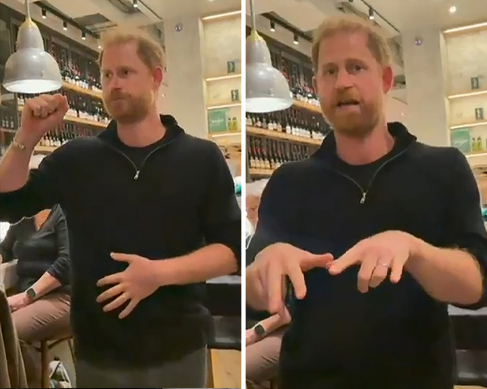 Prince Harry making unusual hand movements during an emotional meeting, sparking concern over not normal behavior.
