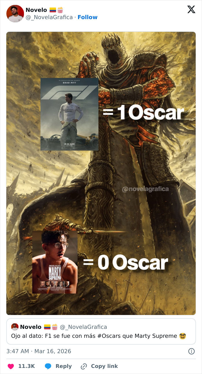 Meme comparing movies F1 winning one Oscar and Marty Supreme winning zero Oscars with humorous viewer reactions.