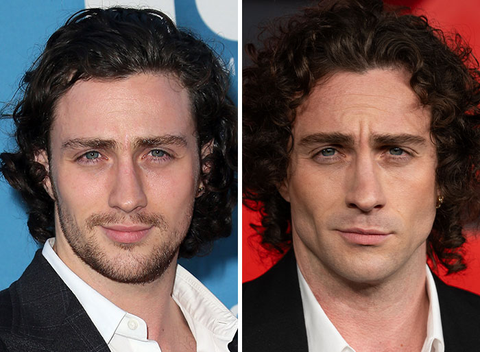 Side-by-side images of Aaron Taylor-Johnson highlighting noticeable changes in his evolved form appearance. Side-by-side images of Aaron Taylor-Johnson highlighting noticeable changes in his evolved form appearance.