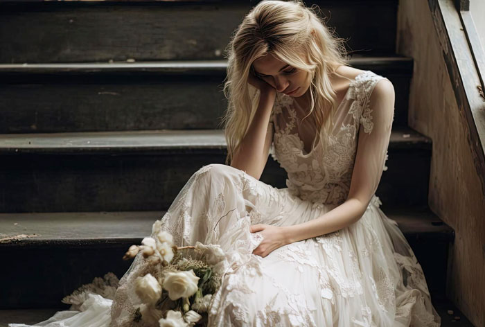 Bride in a white lace wedding dress sitting on stairs, looking contemplative amid a wedding gift debate involving her MIL.