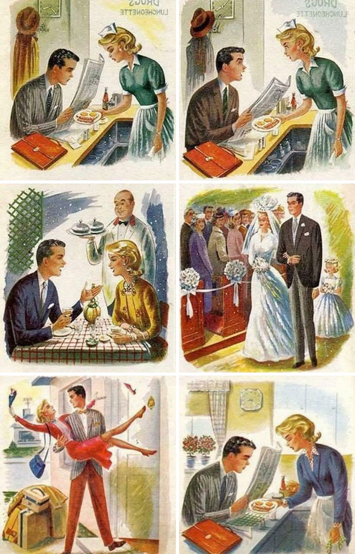 Vintage illustrations showing bizarre throwback moments of daily life and social events from the past era.