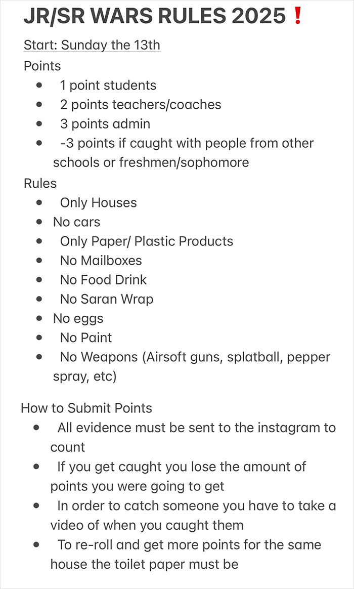 Rules and points for high school prank game with guidelines to avoid dangerous items after teacher prank tragedy.