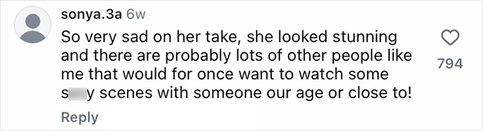Screenshot of a social media comment expressing sadness and appreciation for more intimate scenes with relatable actors.