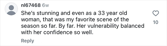 Screenshot of a social media comment praising Bridgerton&rsquo;s Ruth Gemmell for her emotional and vulnerable performance in an intimate scene.