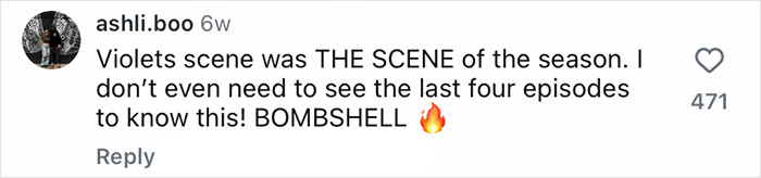 Instagram comment praising a Bridgerton scene as the best one of the season with high enthusiasm and emojis.