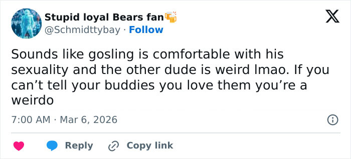 Tweet about Ryan Gosling’s leaked phone call with Mikey Day, highlighting fans’ reactions and secondhand embarrassment.