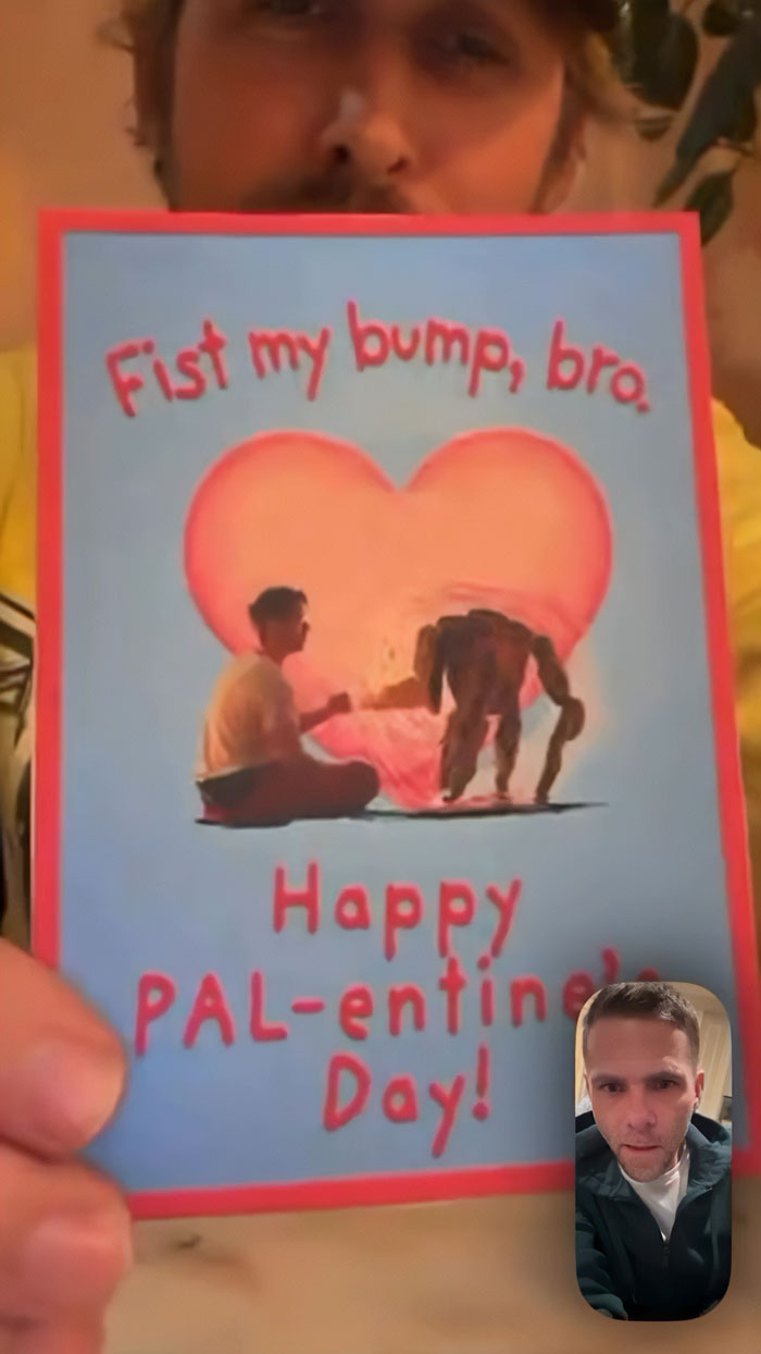 Ryan Gosling holding a humorous card during a phone call with Mikey Day, sparking secondhand embarrassment among fans.