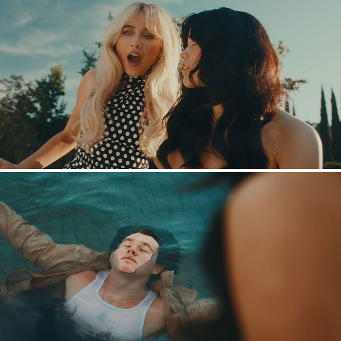 Two women in an outdoor setting and a man floating in water, related to Sabrina Carpenter music videos pattern controversy.