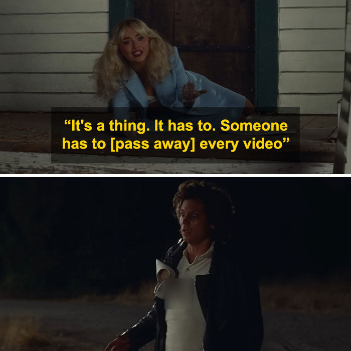 Scene from a music video showing a woman and a man, highlighting disturbing patterns in Sabrina Carpenter's music videos.