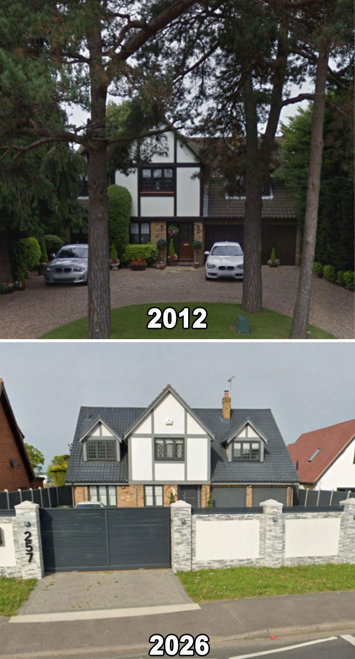 Before and after home upgrades from 2012 to 2026, showing a loss of character in the modernized exterior design.