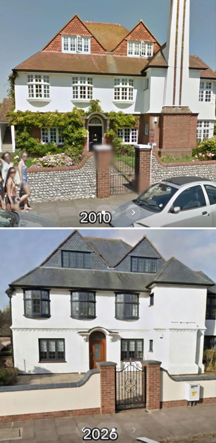 Before and after home upgrade showing loss of character, with a bland facade resembling a motorway service toilet.