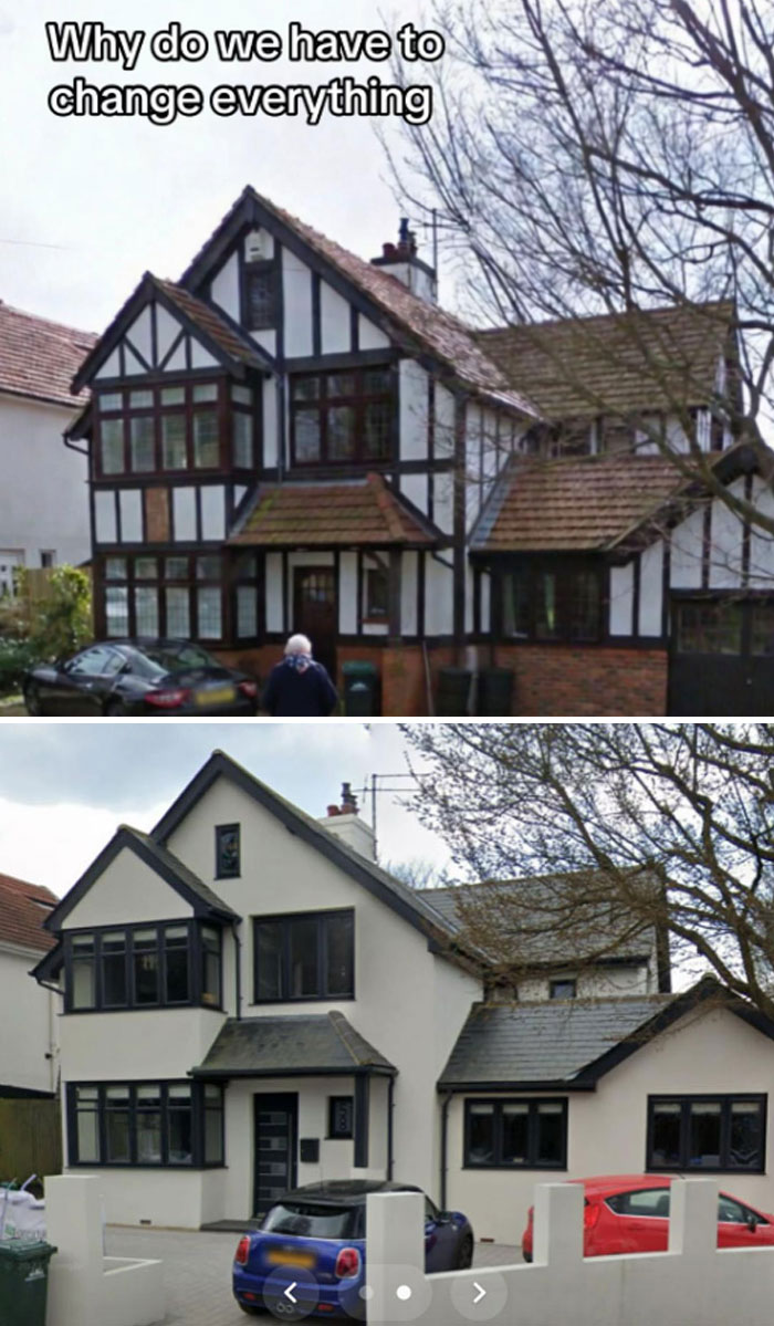 Before and after images of a home upgrade that removed character, showing a traditional style replaced by a modern, plain exterior.