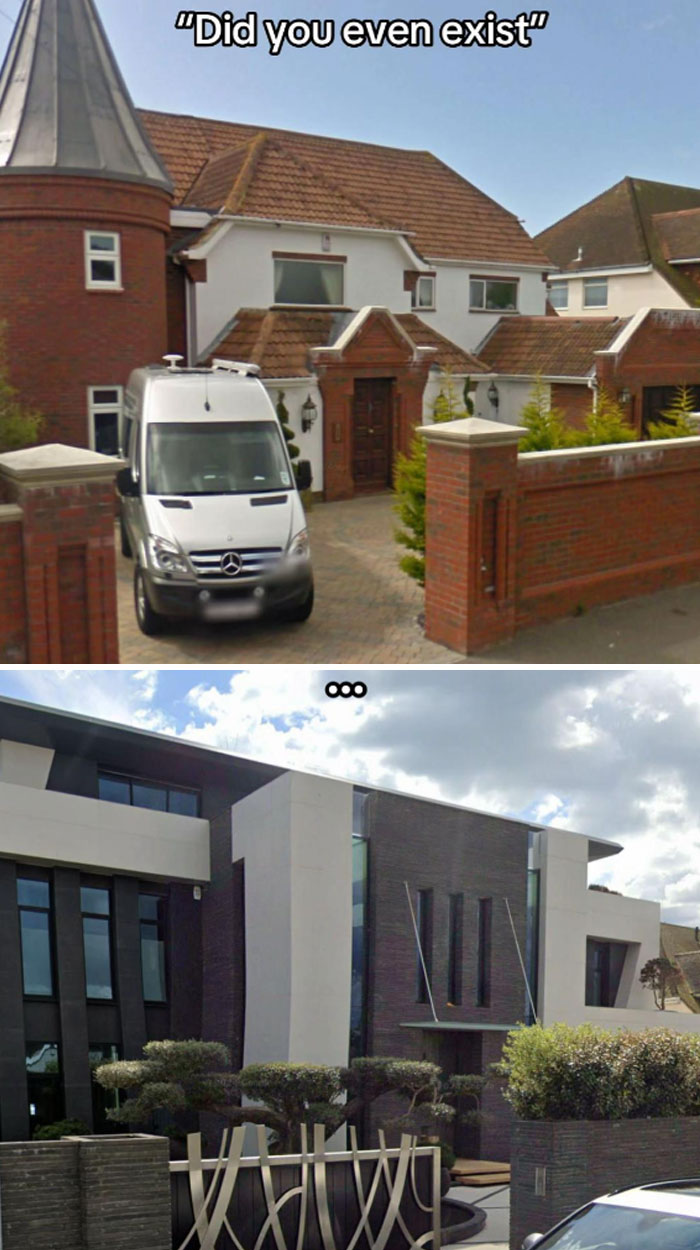 Two homes showing upgrades with one traditional and one modern design that looks like a motorway service toilet.