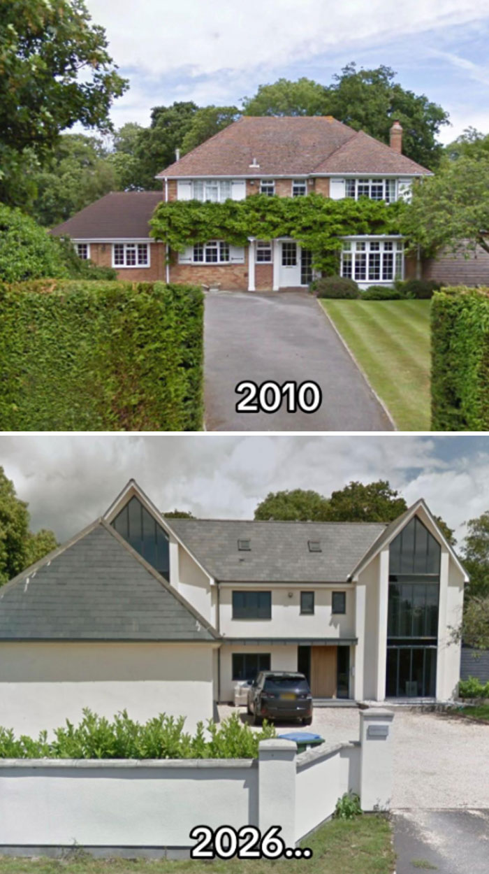 Side-by-side images of a home in 2010 and 2026 showing upgrades that stripped it of character and look like a motorway service toilet.