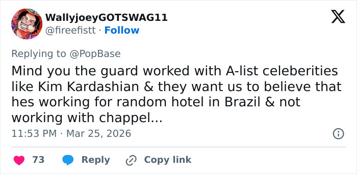 Tweet about a security guard linked to Chappell Roan's debacle and working with A-list celebrities including Kim Kardashian.