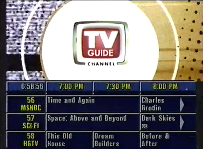 TV Guide channel screen showing vintage childhood memories of classic TV programming schedules.