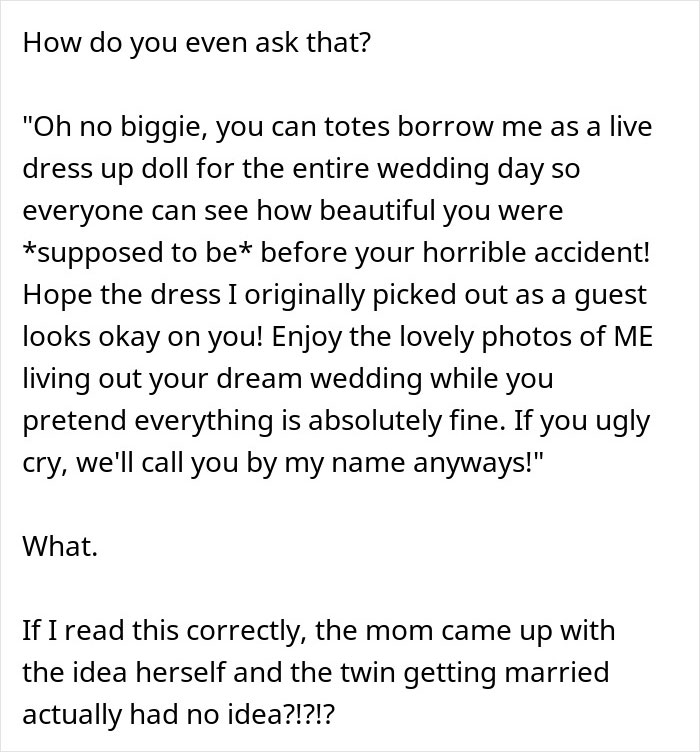 Woman Flabbergasted After Mom Offers An Absolutely Unhinged Idea To Save Her Twin Sister&rsquo;s Wedding