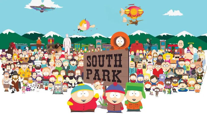 Animated characters from South Park gathered behind a wooden sign, illustrating popular TV shows with episodes removed from streaming platforms.