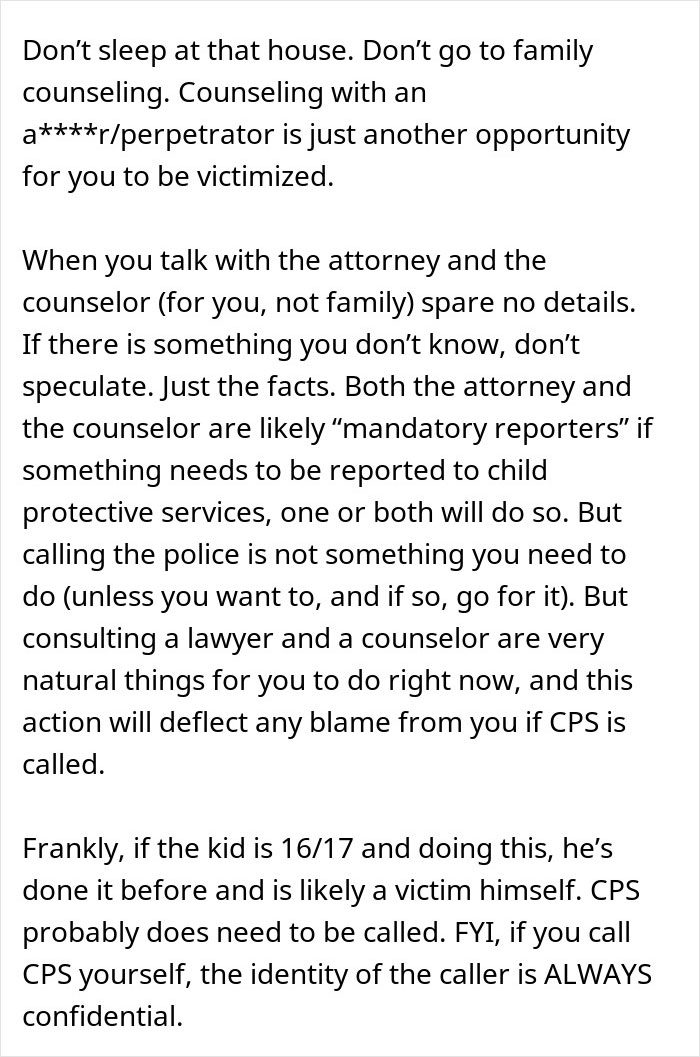 Text advice about dealing with a creepy teen cutting step-sister's hair and consulting a lawyer and counselor.