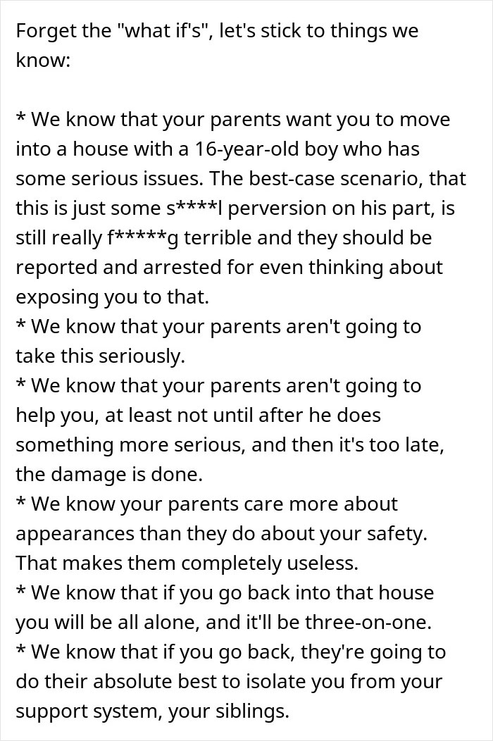 Text discussing parents' dismissive attitude toward a creepy teen cutting step-sister's hair in the house.