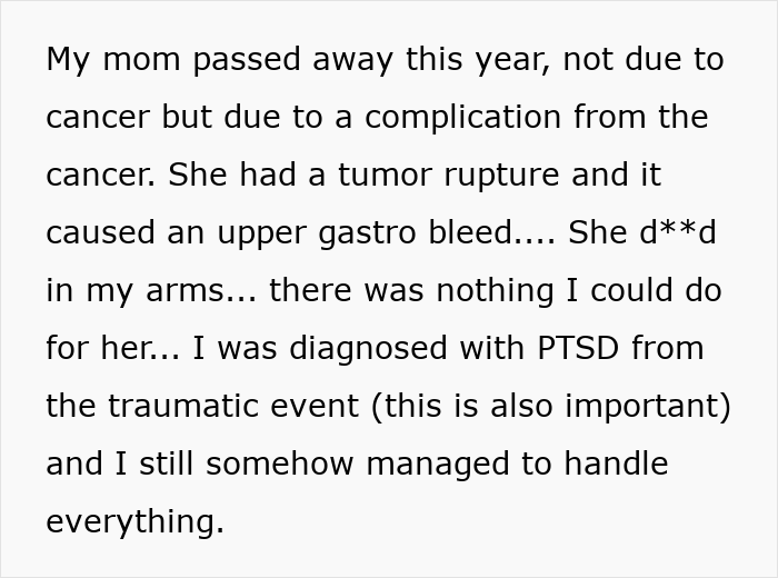 Text excerpt about a daughter coping with PTSD after husband refuses chemotherapy for wife with cancer.