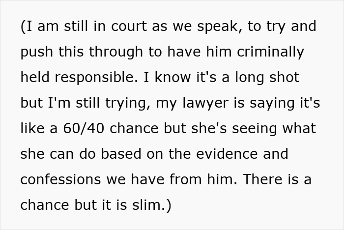 Text about wife denied chemotherapy by husband, legal battle ongoing, daughter seeking justice and revenge for her mother.