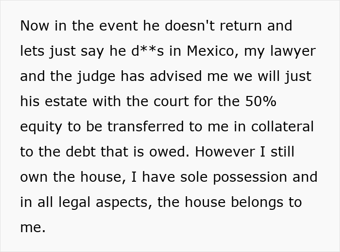 Text excerpt about legal advice on estate and house possession related to husband refusing chemotherapy and daughter&rsquo;s revenge.