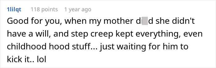 Reddit comment about family disputes involving a husband refusing chemotherapy, creating hardship, and daughter seeking revenge.