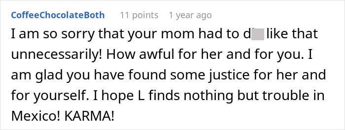Comment expressing sympathy for a mother denied chemotherapy by husband, praising daughter for seeking justice.