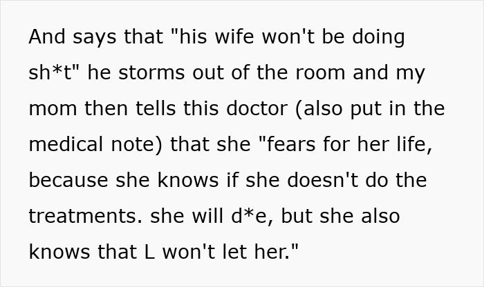 Text excerpt showing a woman fearing for her life as husband refuses chemotherapy, causing family conflict and pain.