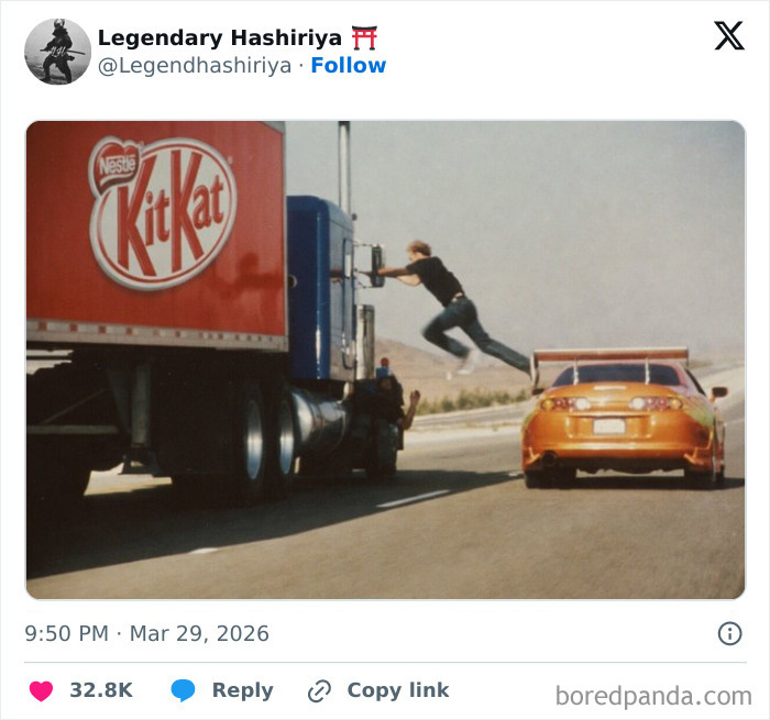 Man jumping from orange sports car to red KitKat truck on a highway, illustrating 12 tons of KitKat stolen incident.