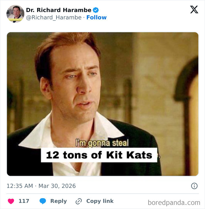 Actor Nicolas Cage in a meme stating I’m gonna steal 12 tons of KitKat with humorous social media response.